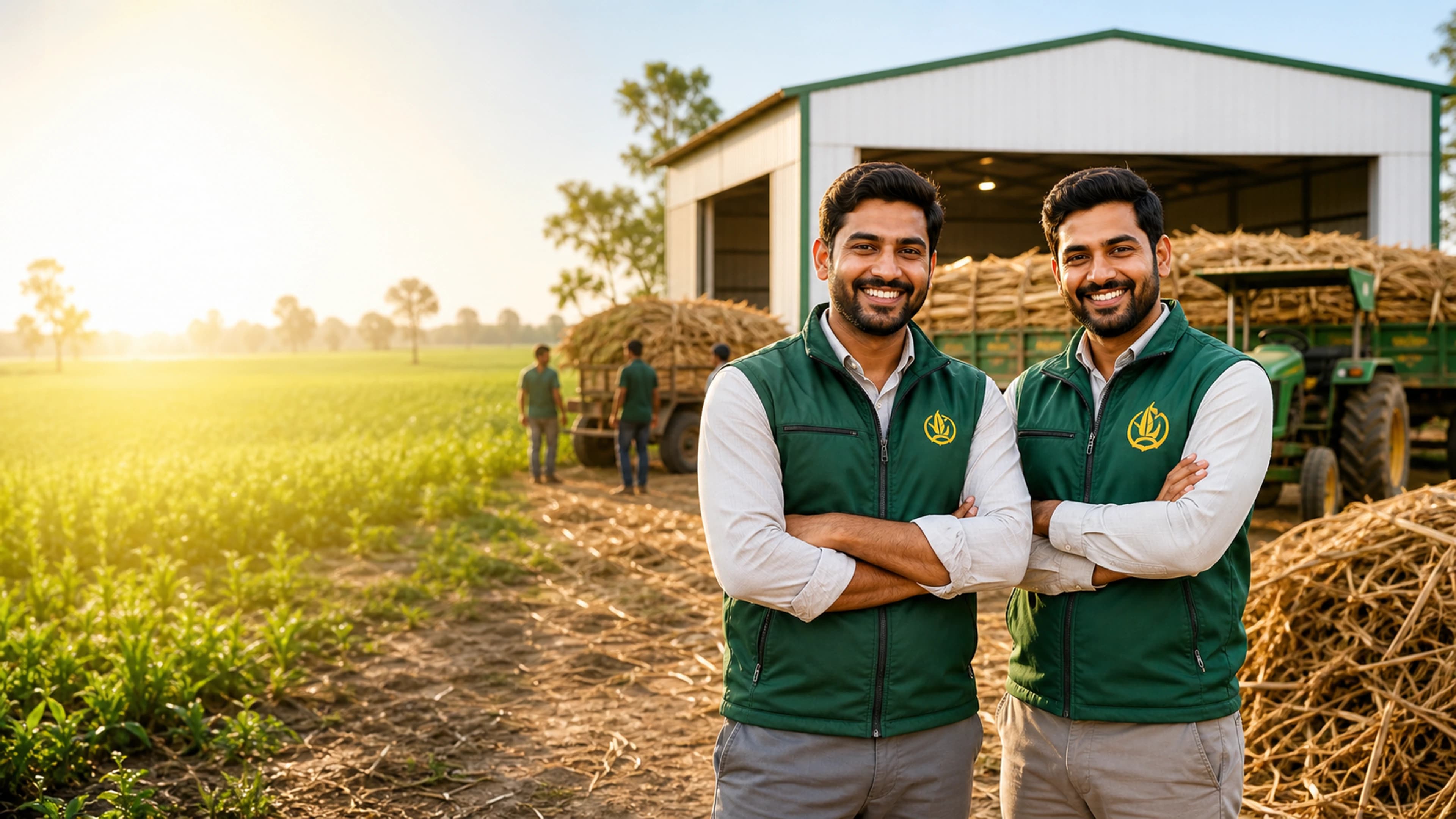Two URJA SETU Saathi agri-preneurs standing proudly beside a biomass hub and crop residue tractor