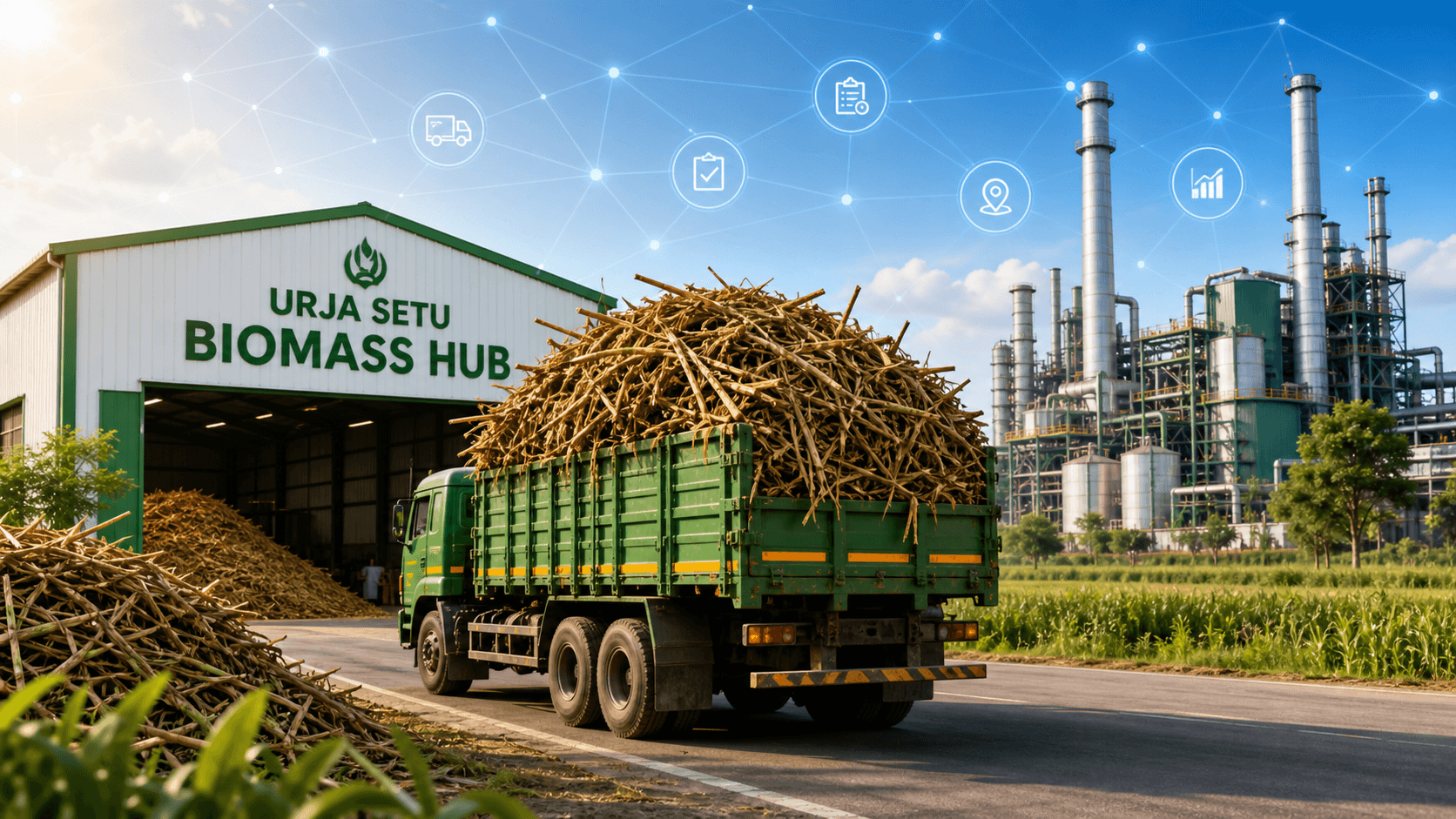 URJA SETU Biomass Hub with a truck carrying crop residue toward an industrial factory with digital tracking overlays